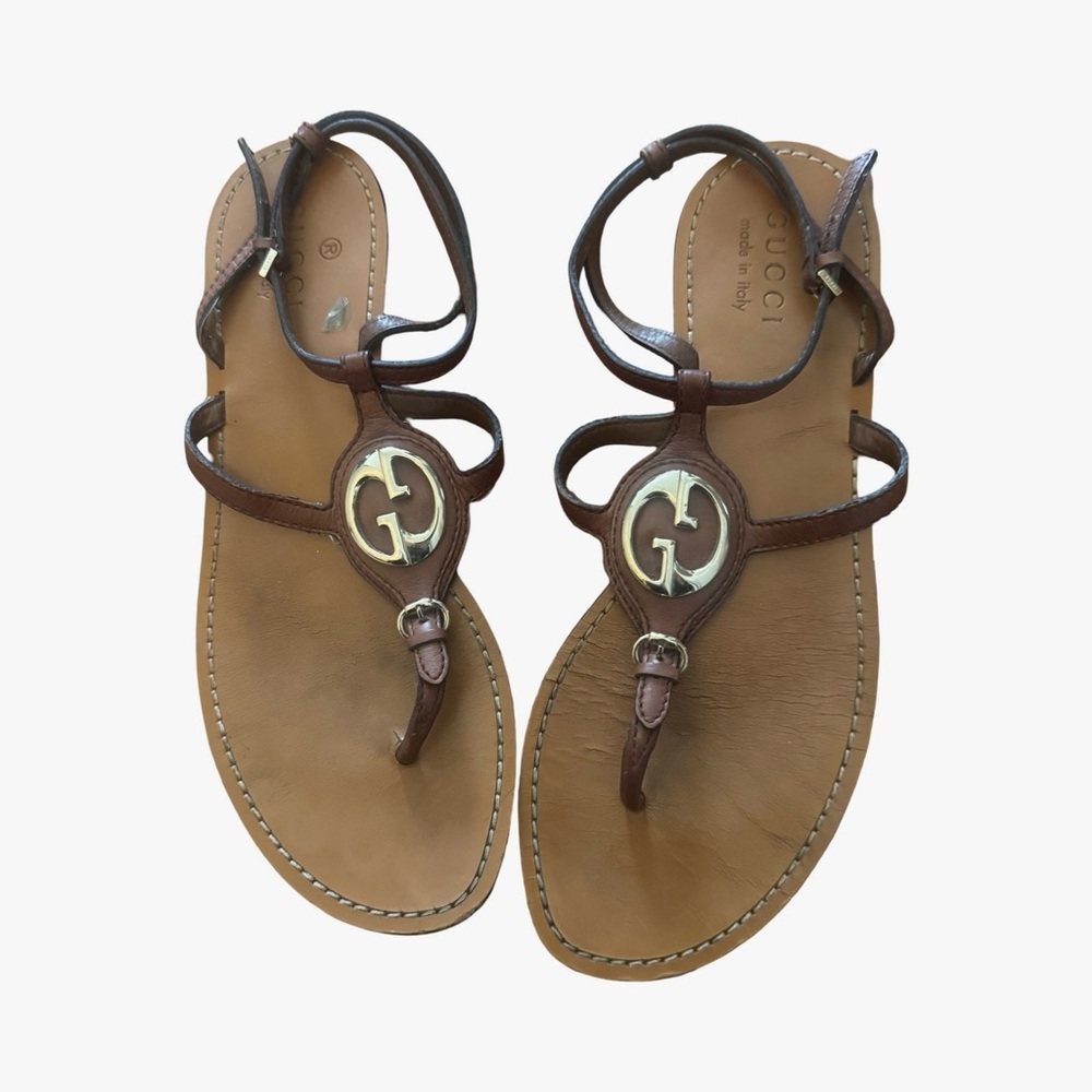 Gucci Brown Leather Sandals with Metallic Accent